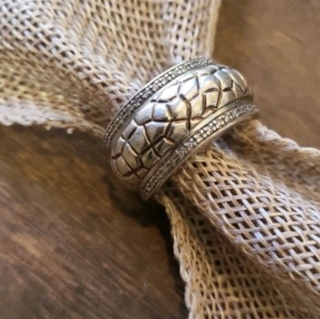 Jwbr 925 Sterling Silver Diamond Accents Textured Barrel Ring, Size 8